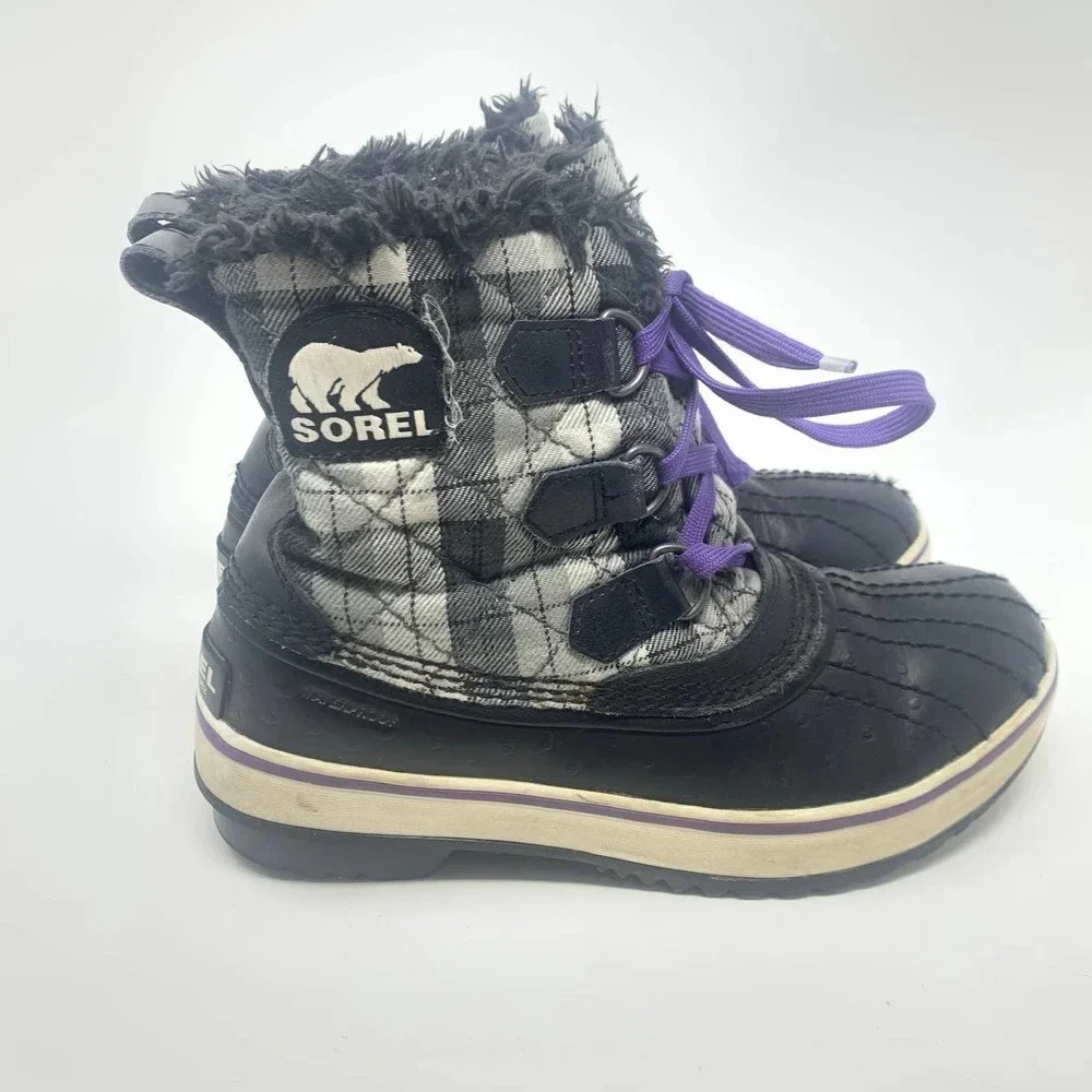 Sorel Tivoli II Leather Plaid Lace-Up Snow Boots‎ Black Gray Purple Size US 5